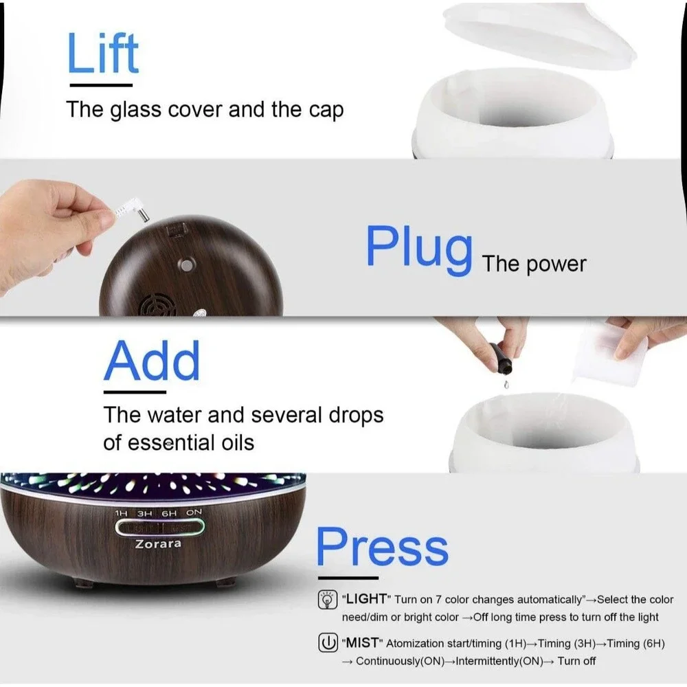 Zorara 3D Glass Aroma Diffuser, 7 Color Changing Led Lights/Waterless Auto Shut